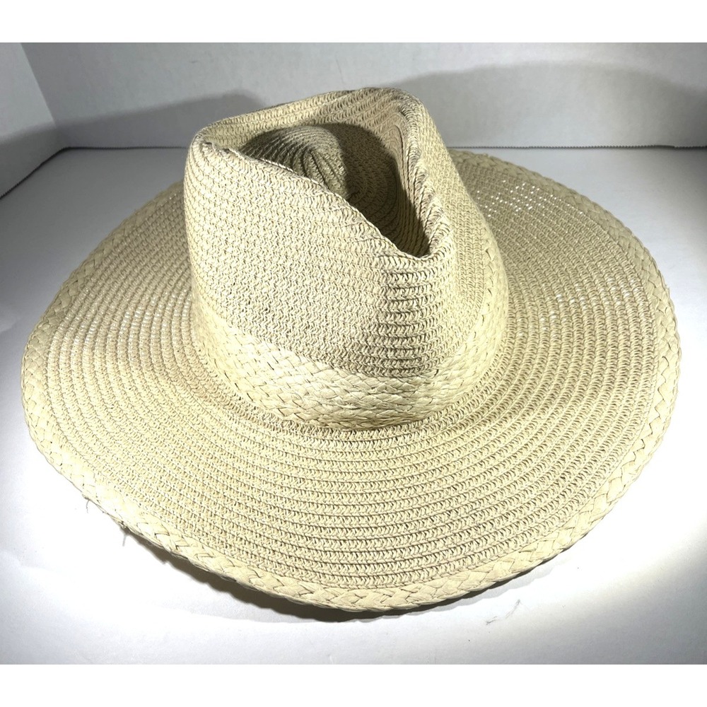 House of Harlow 1960 Paper StrawPanama Fedora Wide Brim Hat Braided Band Natural